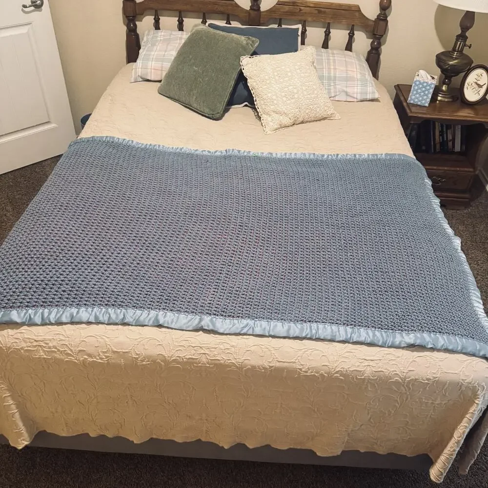 Handmade Crochet Afghan Throw Blanket satin border trim blue rose pink 68